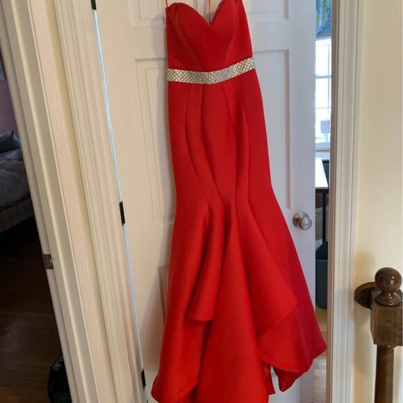 Jovani Red Strapless Mermaid Prom Gown With Silver Belt Size 2 - Picture 4 of 15